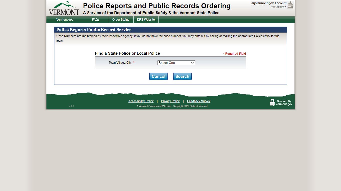 Vermont Department of Public Safety Police Reports Request Service